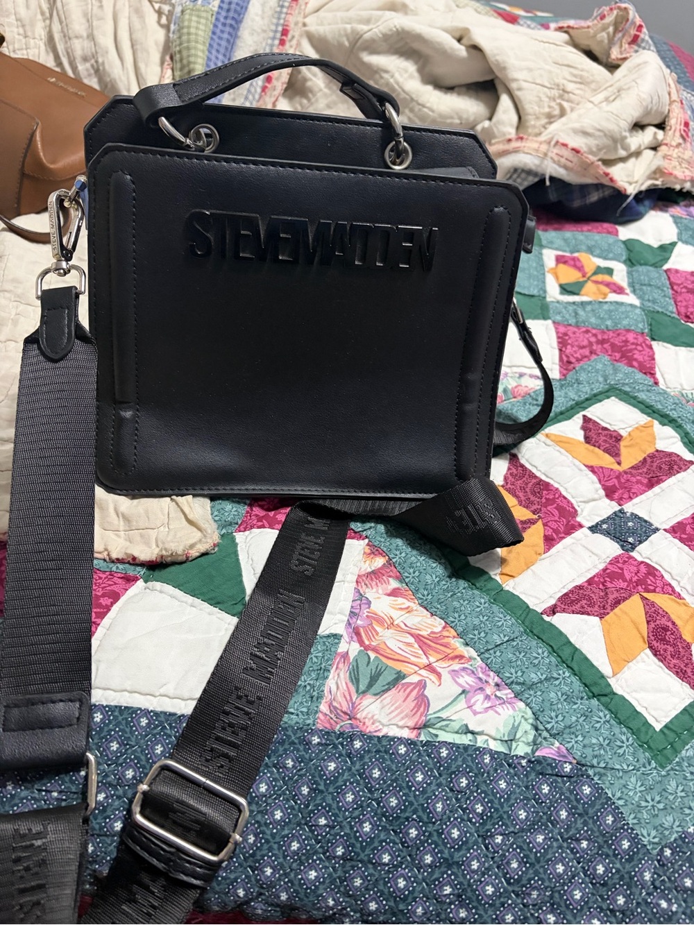 Steve Madden Black Embossed Logo Leather Crossbody